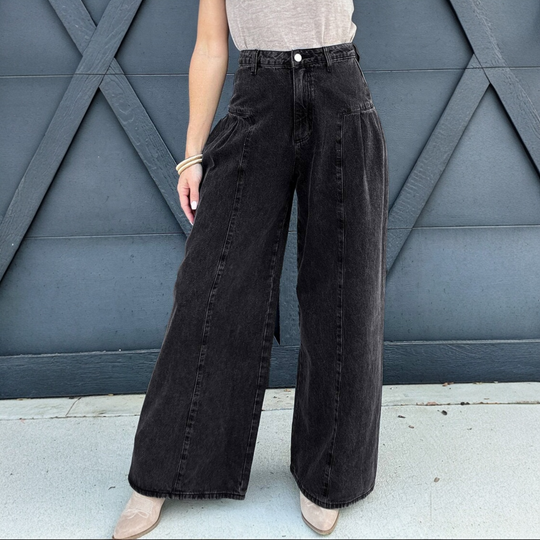 Pleated Wide Leg Denim Pants