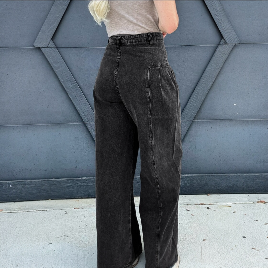 Pleated Wide Leg Denim Pants